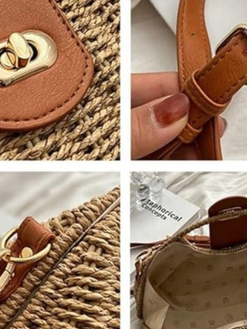 Women's Straw Hand Woven Top Handle Crossbody Tote Bag Summer Beach Purse - Picture 7 of 8